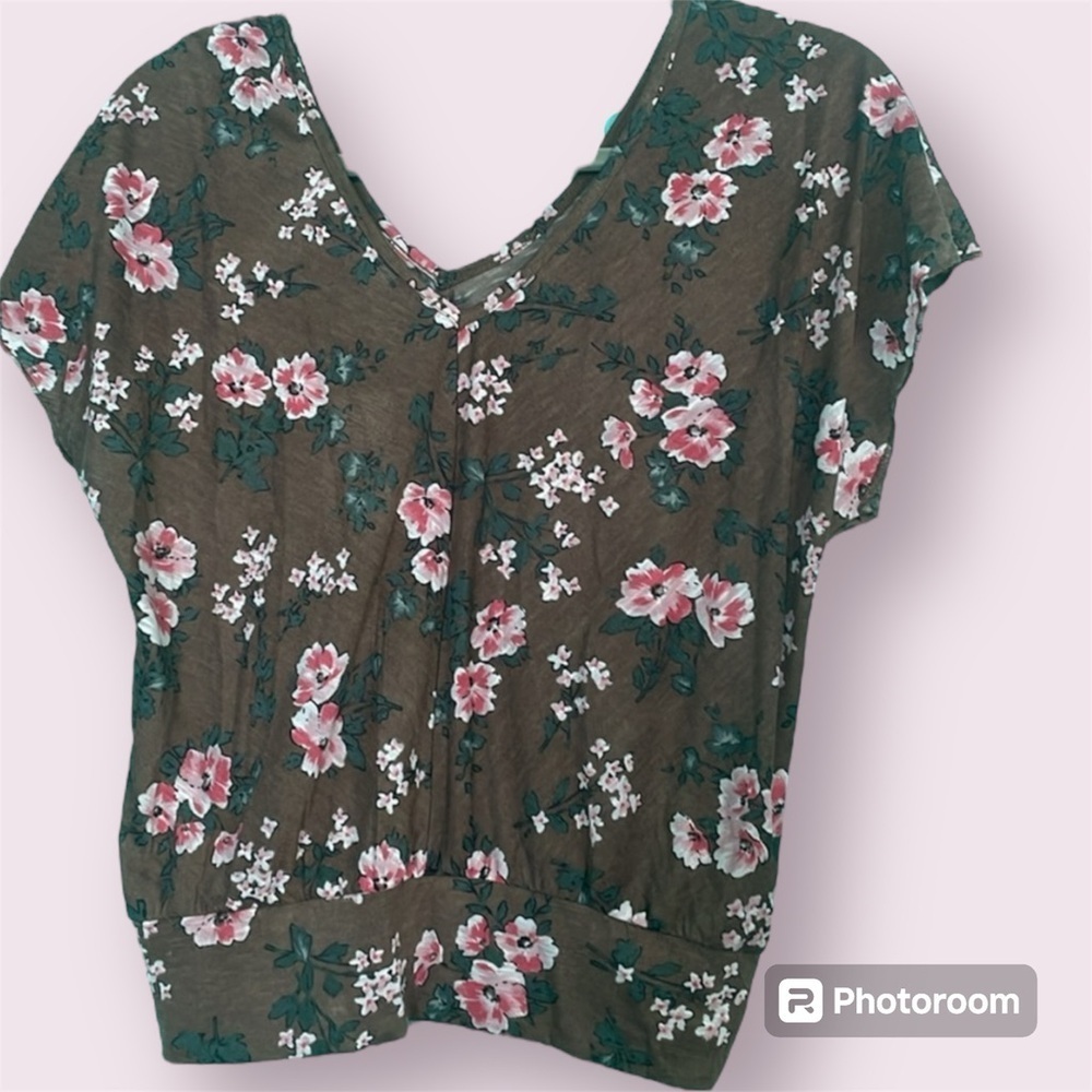 Weavers top NWT size XS flutter sleeves banded bottom lightweight brown floral - Picture 4 of 8